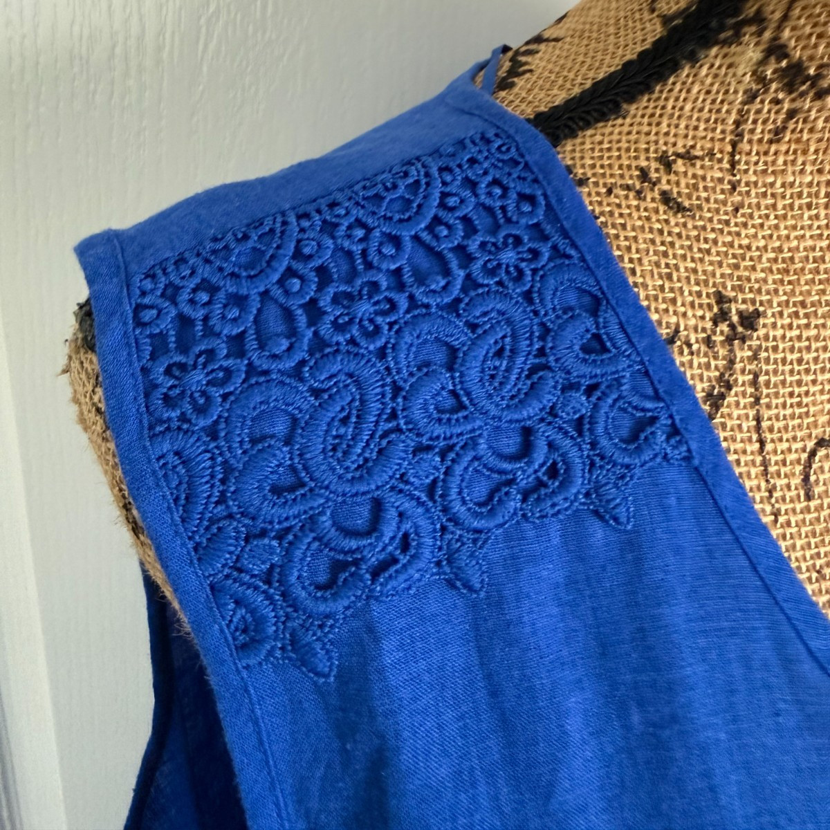 Counterparts Tunic Top Sleeveless V-Neck Royal Blue Embroidered Linen Blend XL
