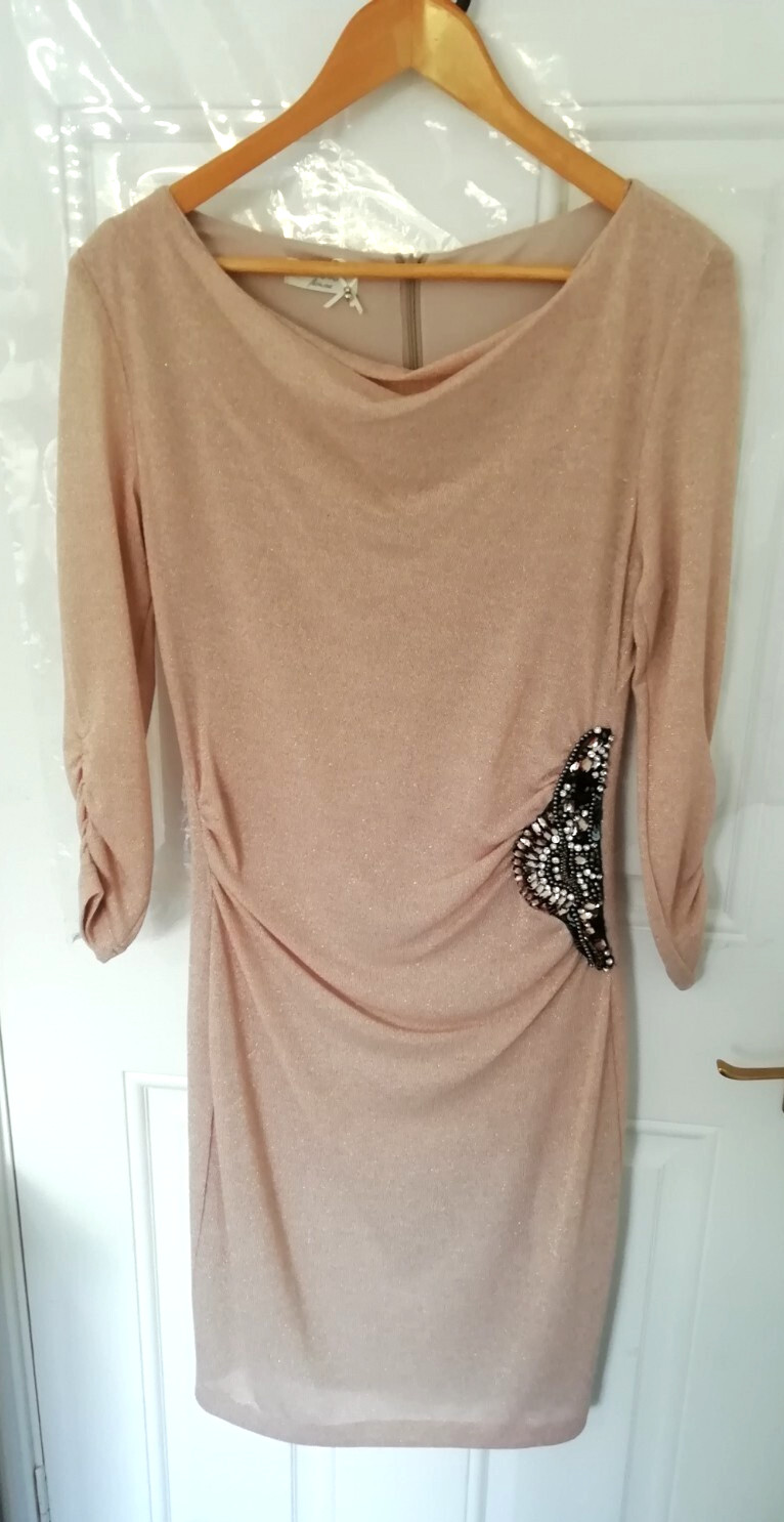 Apanage Femme Size 10 Nude Beige Gold Shimmer Soft Stretchy Beaded Dress Lined