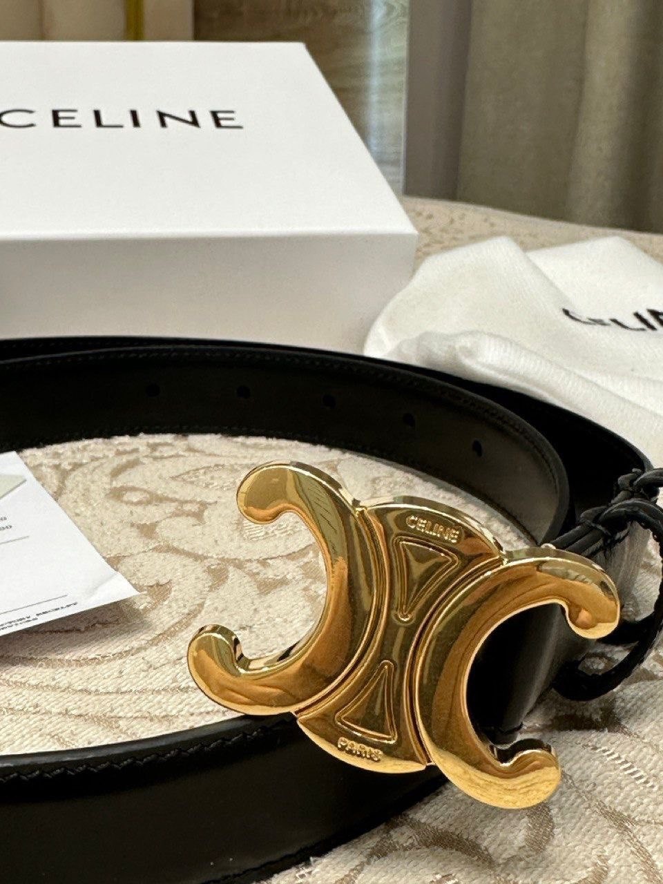CELINE Triomphe Belt Black Smooth Leather Gold Buckle Logo Box Dustbag Size 85