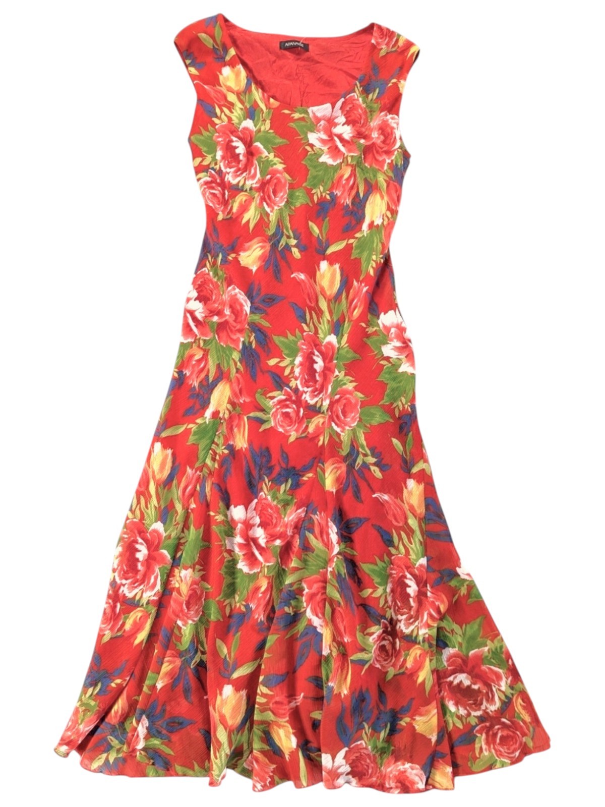Apanage Vintage Red Floral Maxi Dress UK12 Sleeveless Flowy Chiffon-Look Summer