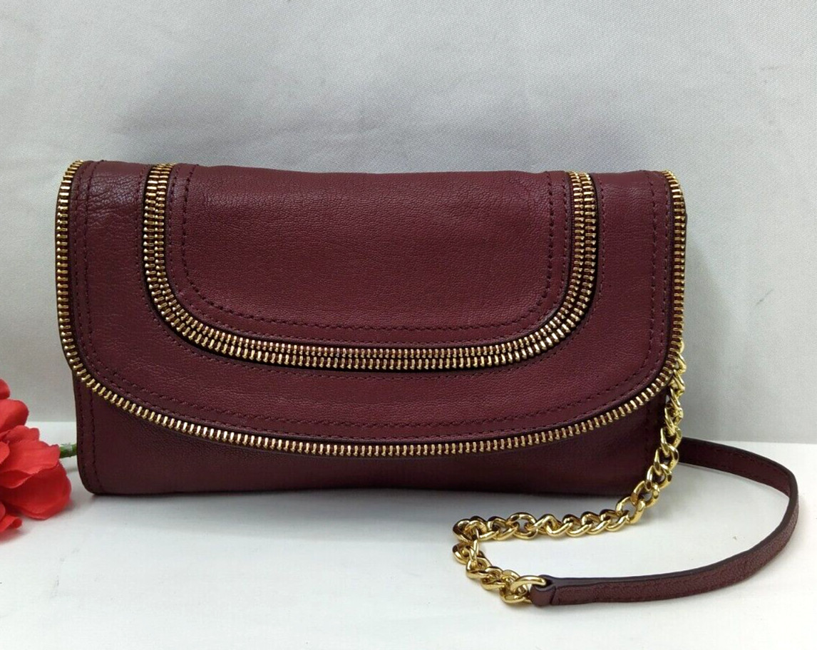 Michael Kors Naomi Maroon Leather Zipper Chain Strap Clutch Shoulder Bag – $248