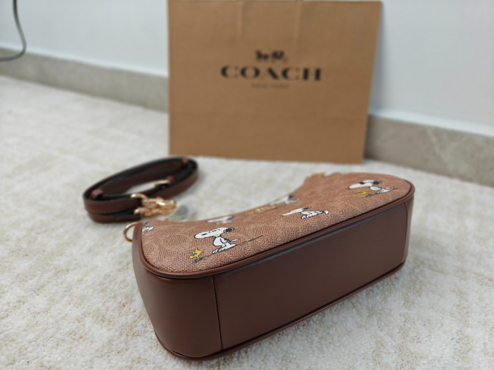 COACH x PEANUTS Teri Shoulder Bag Tan Brown Snoopy Print Signature Canvas CBJ88