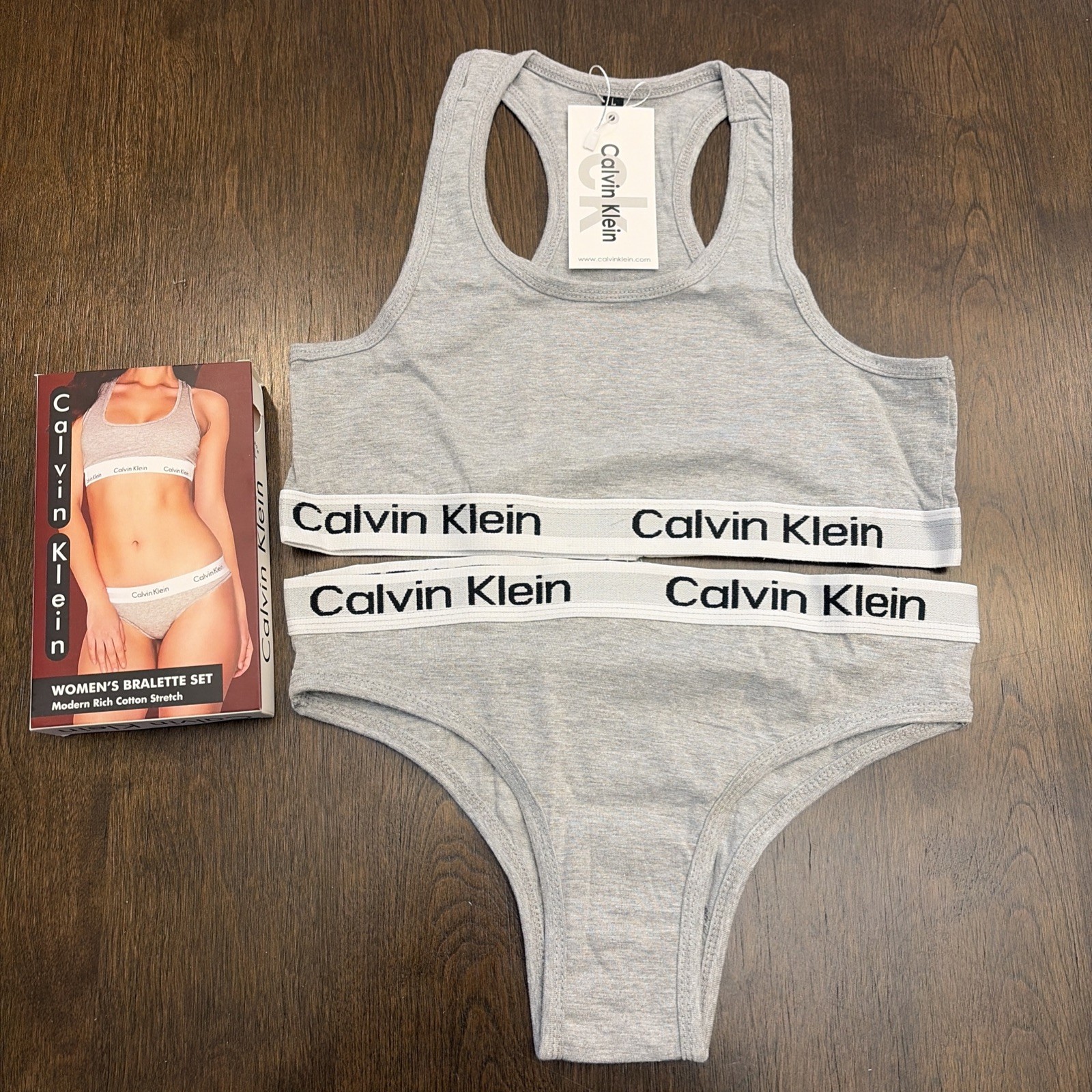 Calvin Klein Gray Sports Bralette Set with White Logo Band Size Medium New