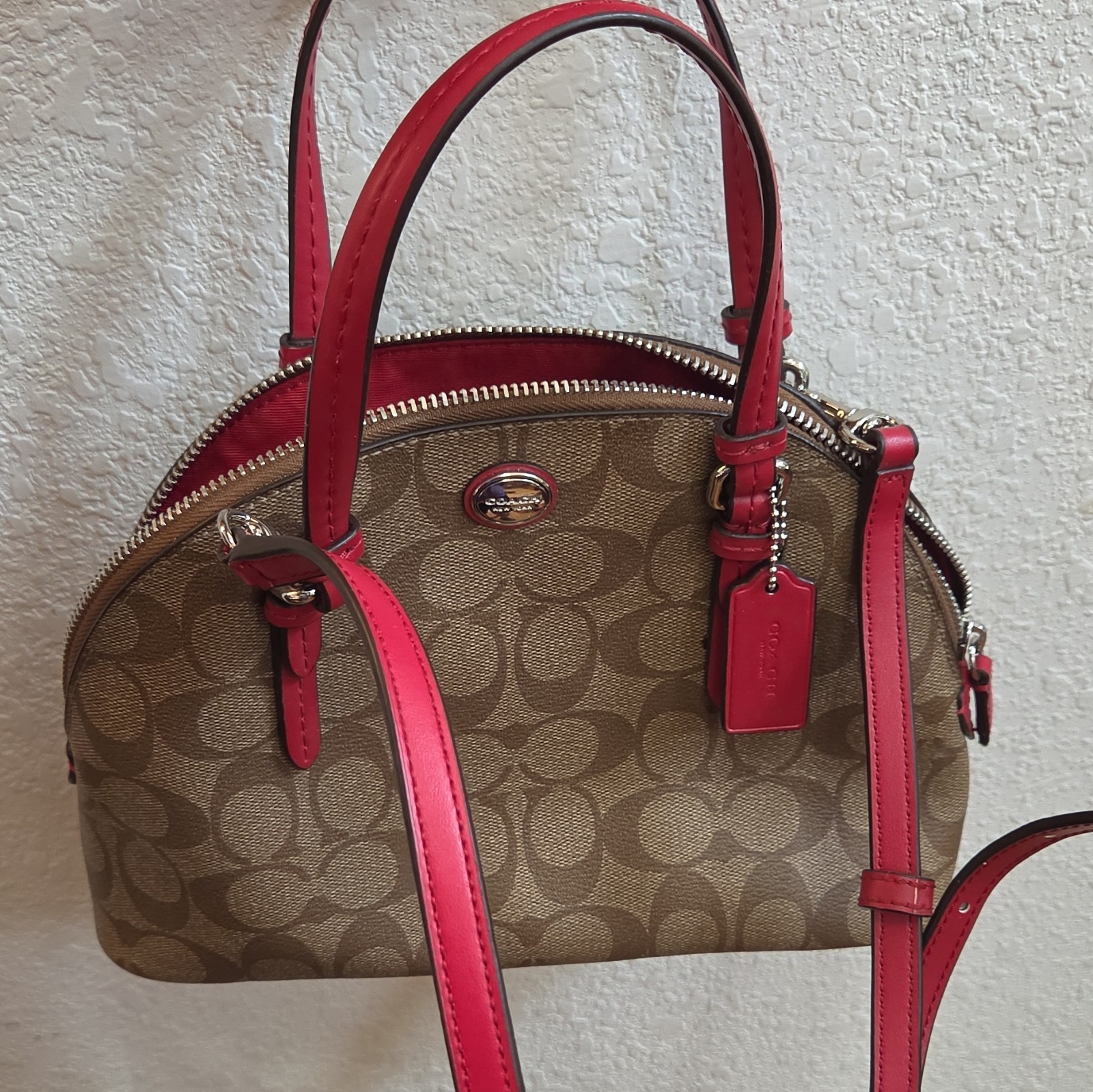Coach Signature Peyton Cora Dome Satchel Top Handle Bag Brown/Red Zip Silver
