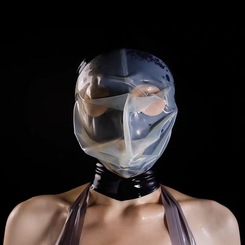 2-layer Latex hood with 0.25mm Transparent Rubber Mask breathing hole for Fetish