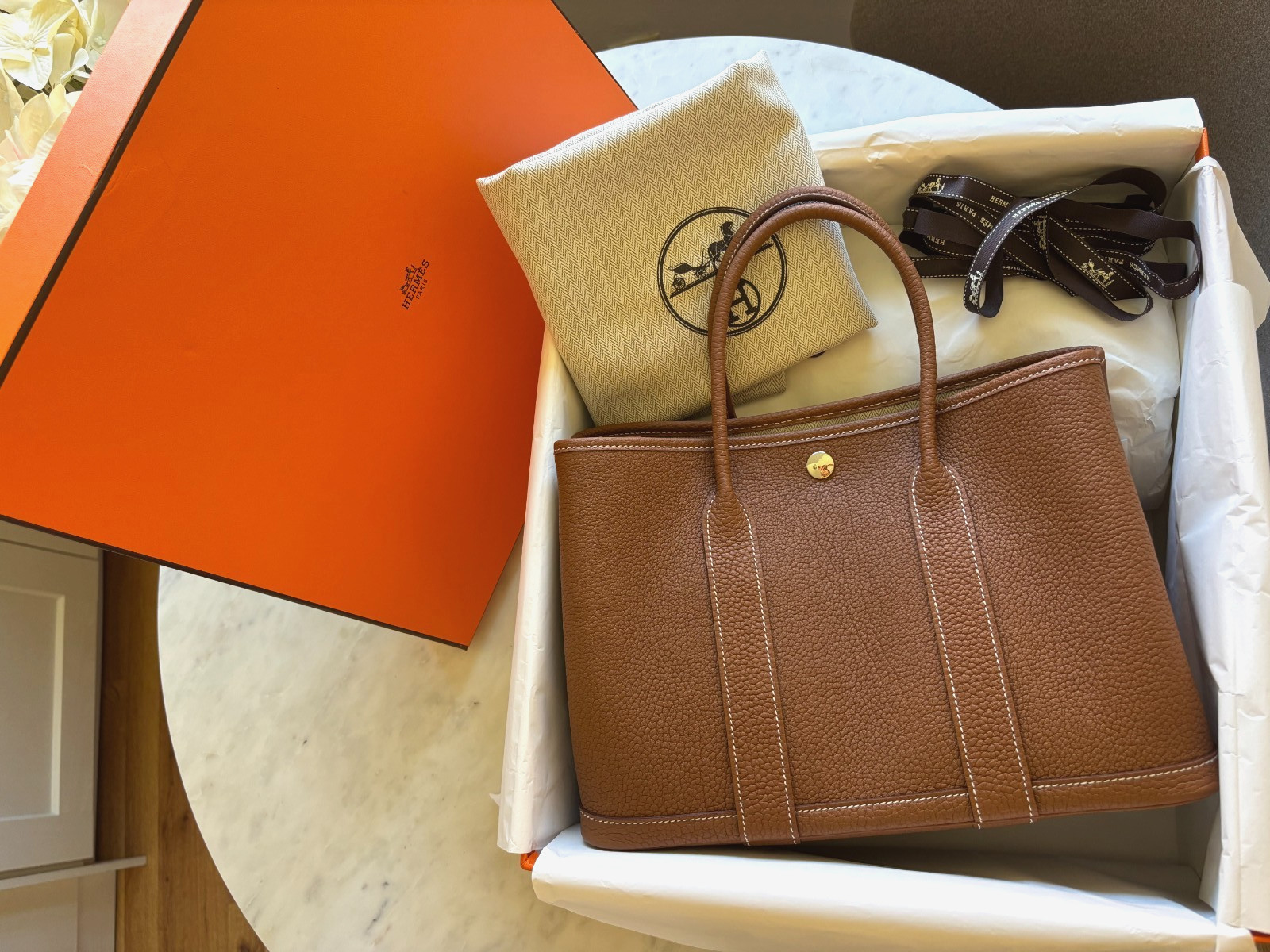 Hermes Garden Party TPM 30 Leather Gold. Authentic & Pristine Designer Handbag