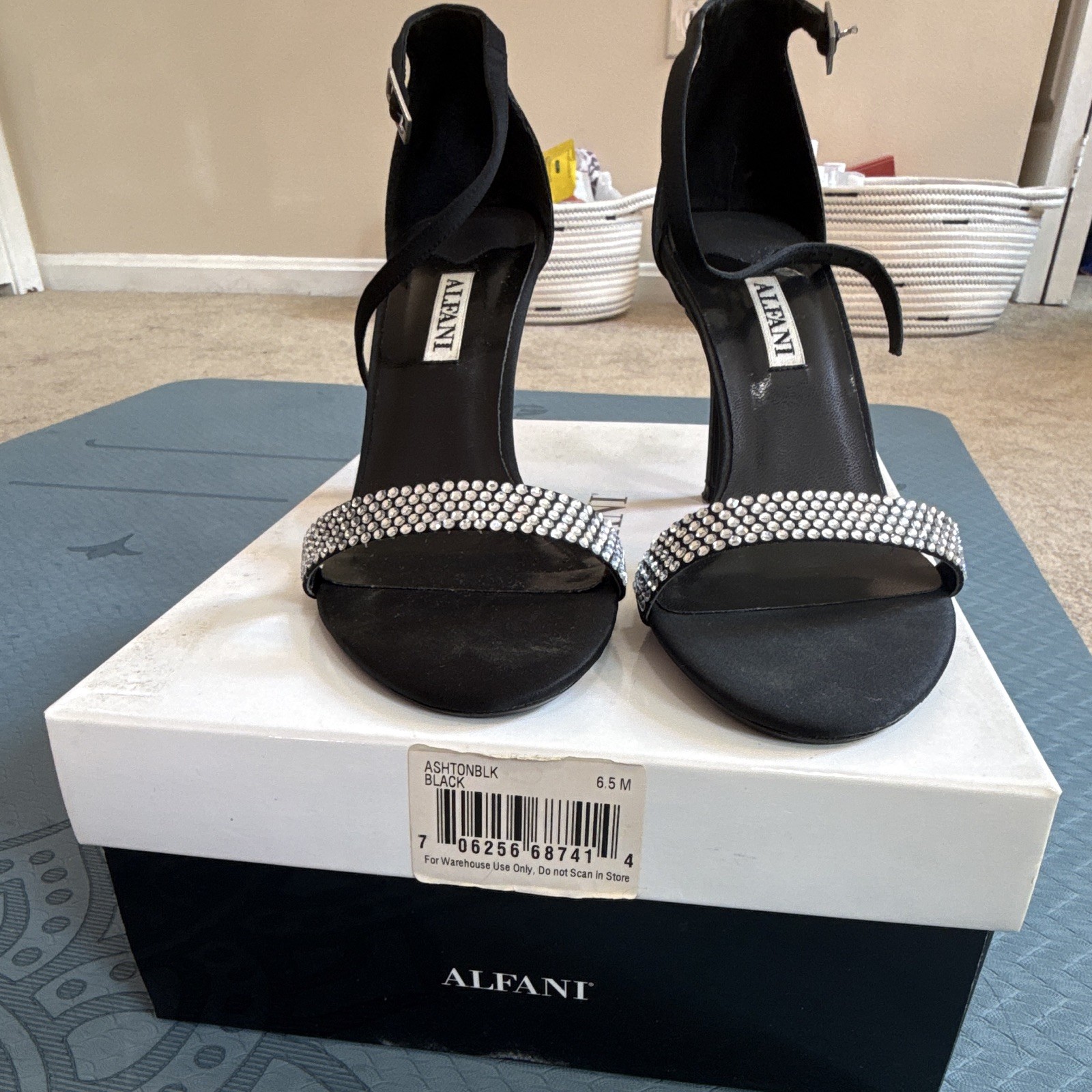 Alfani Black Rhinestone Strappy Ankle Strap Stiletto Open Toe Heels 6.5M