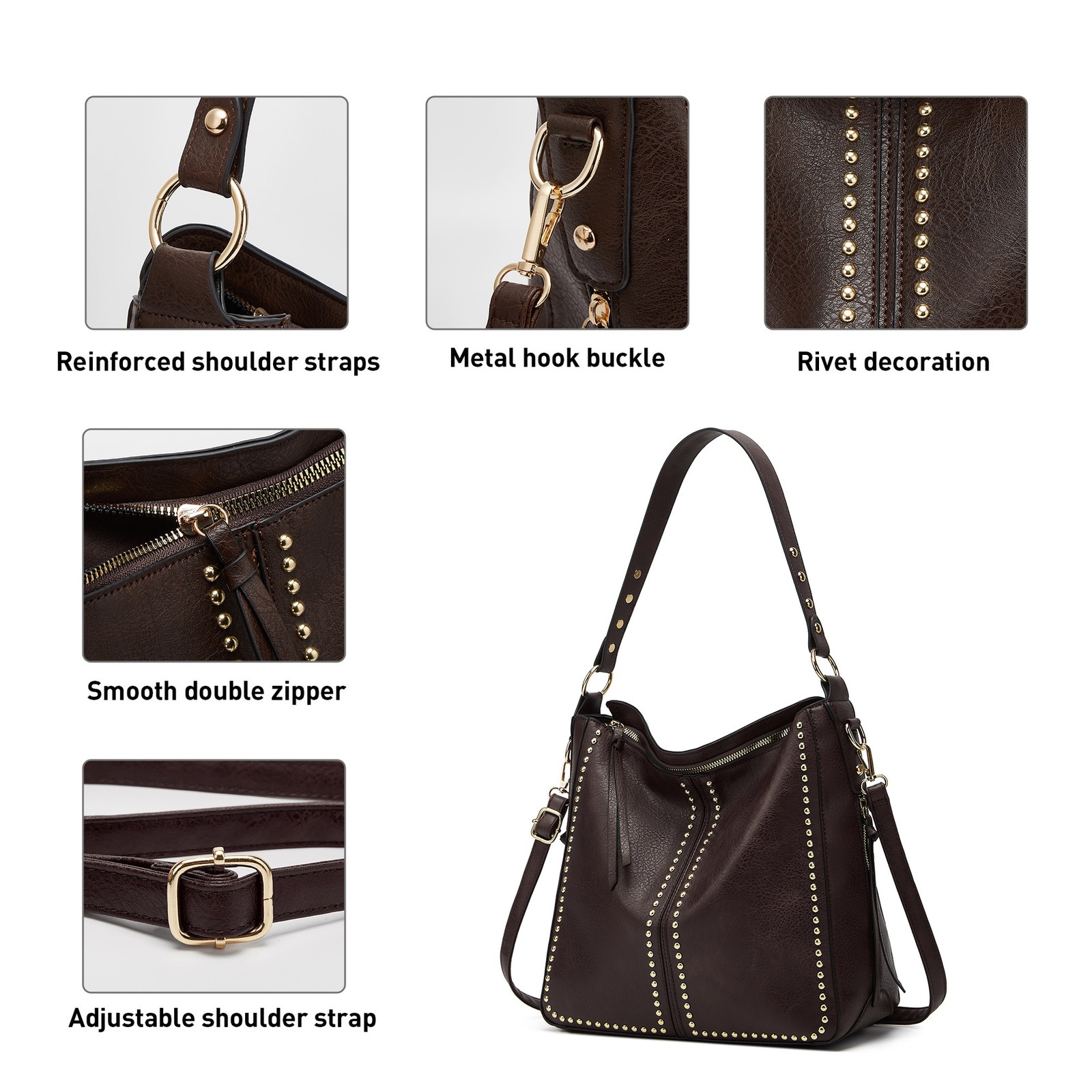 Soft PU Rivet Hobo Shoulder Bag Large Capacity Crossbody Tote Purse With Wallet