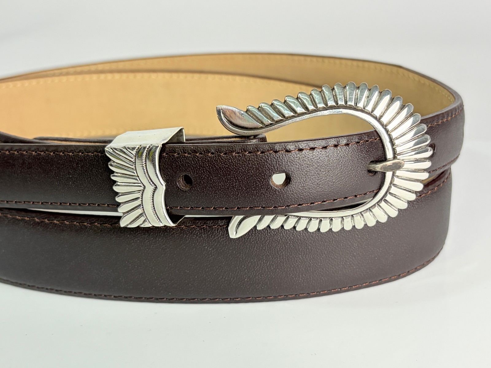 Jim Yazzie Sterling Silver .925 Headdress Ranger Belt Buckle 40 Genuine Leather