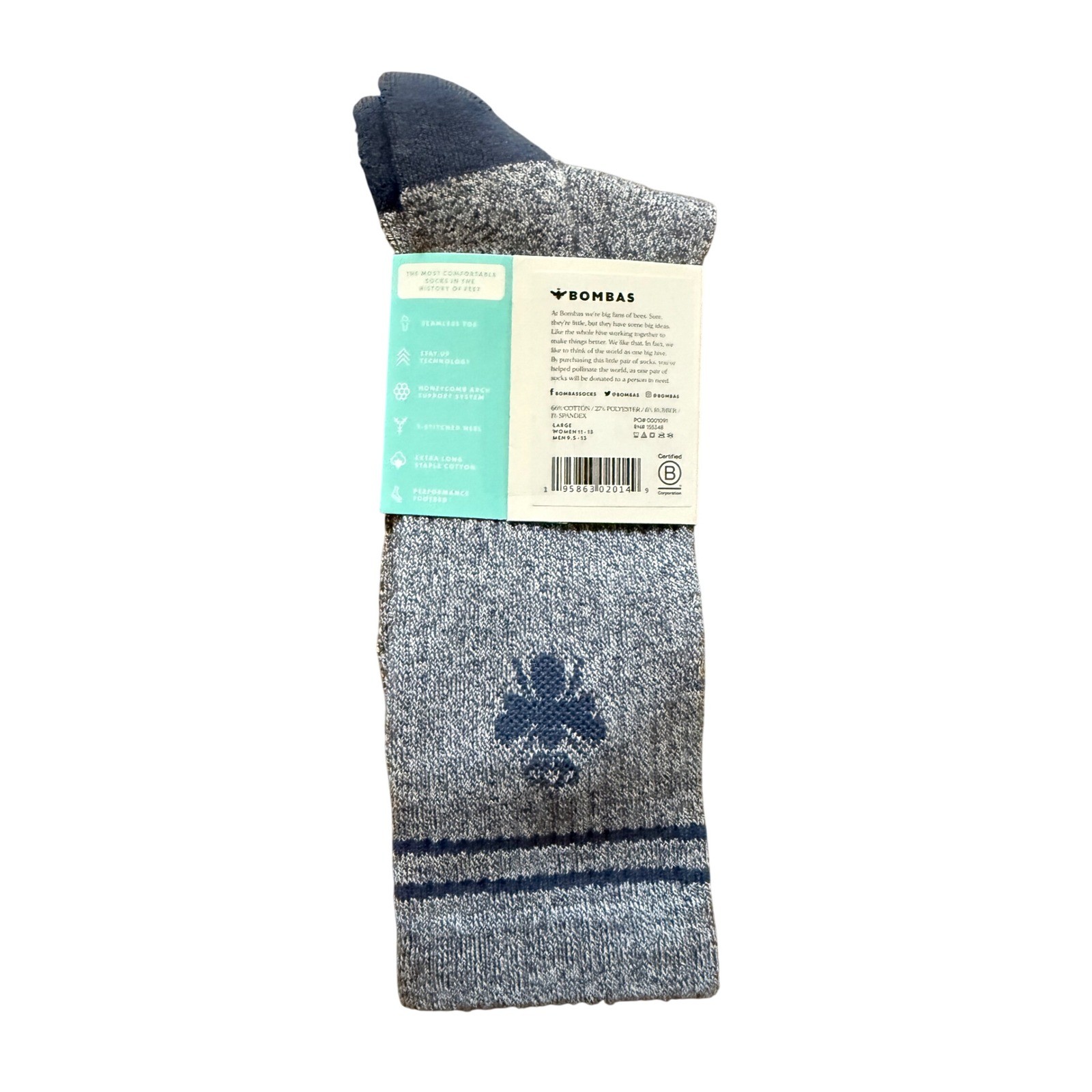 Bombas Unisex Calf Socks Large Blue Marl Space Dye Cotton Blend New