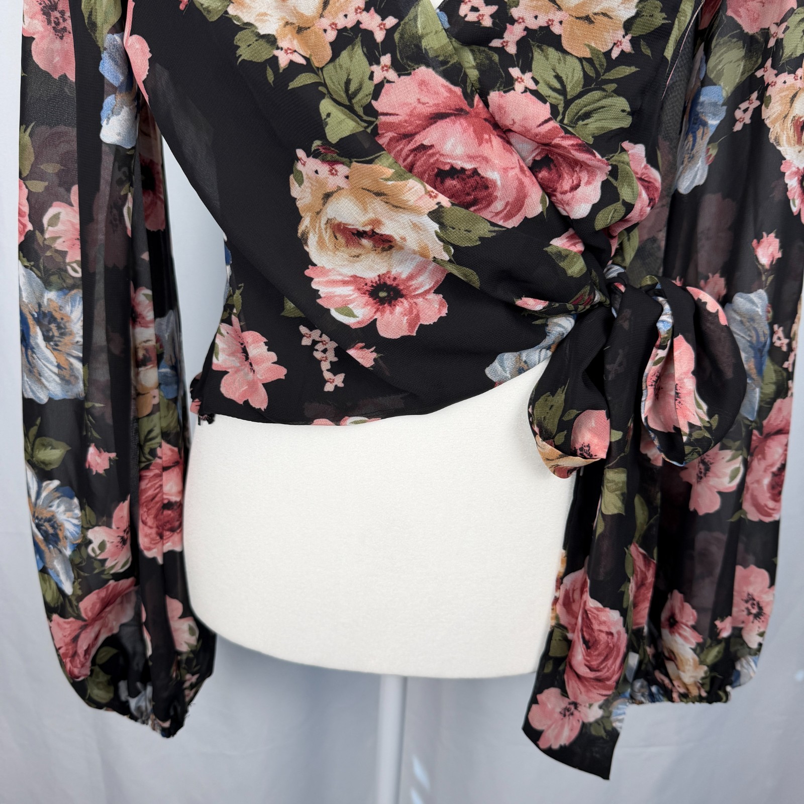 Women’s Black Dark Floral Wrap Blouse Top S Cropped Chiffon Date Party Festival