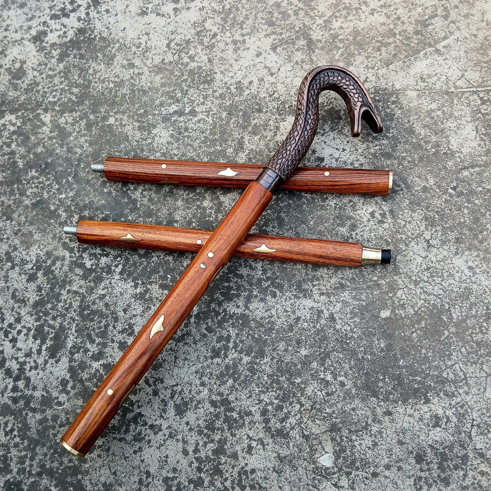 Antique Vintage Brass Snake Head Walking Stick: Decorative Wooden Cane