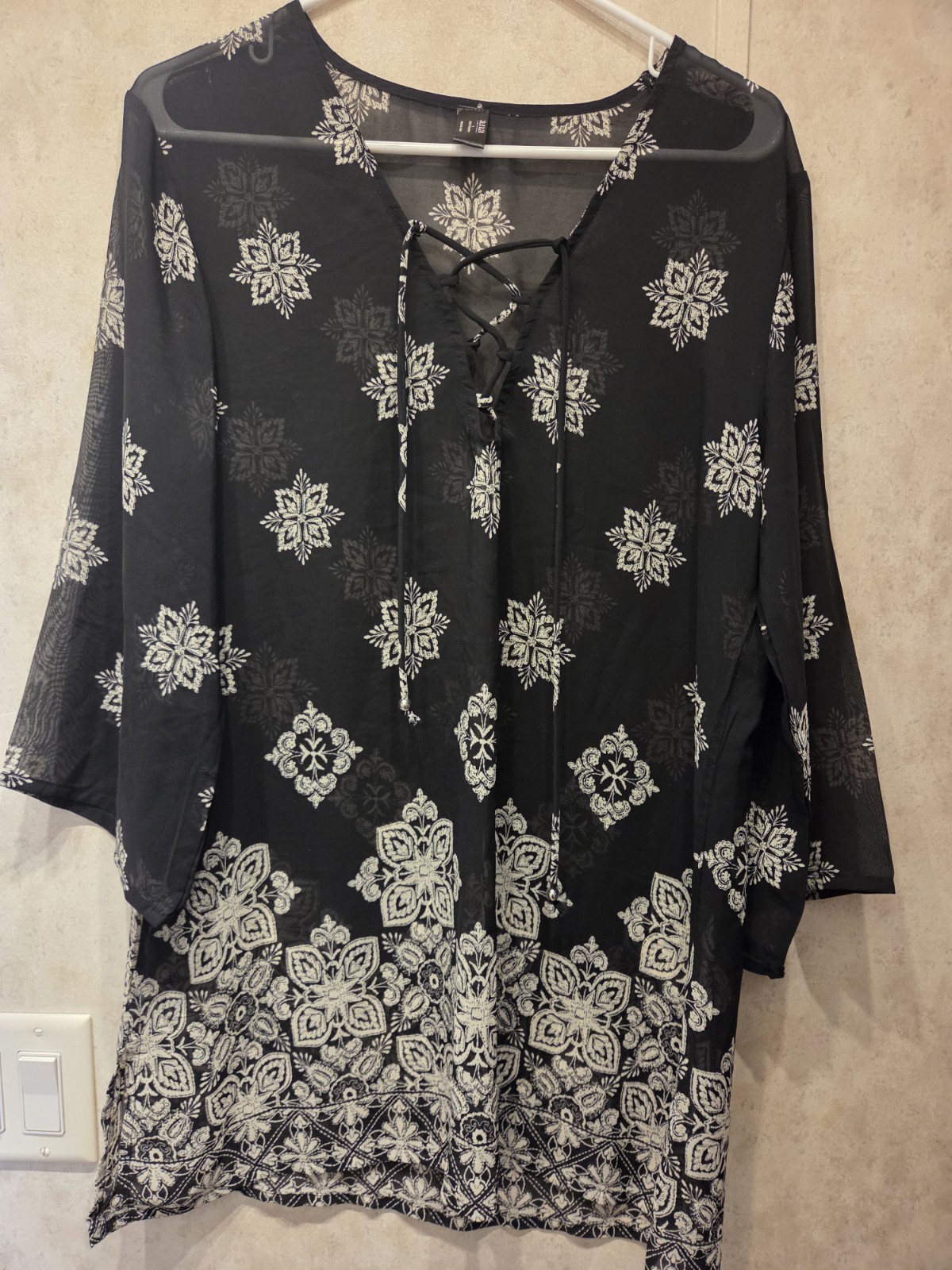 A.N.A Sheer Black Tunic Top White Pattern Lace Up V Neck Size Large Boho Beach