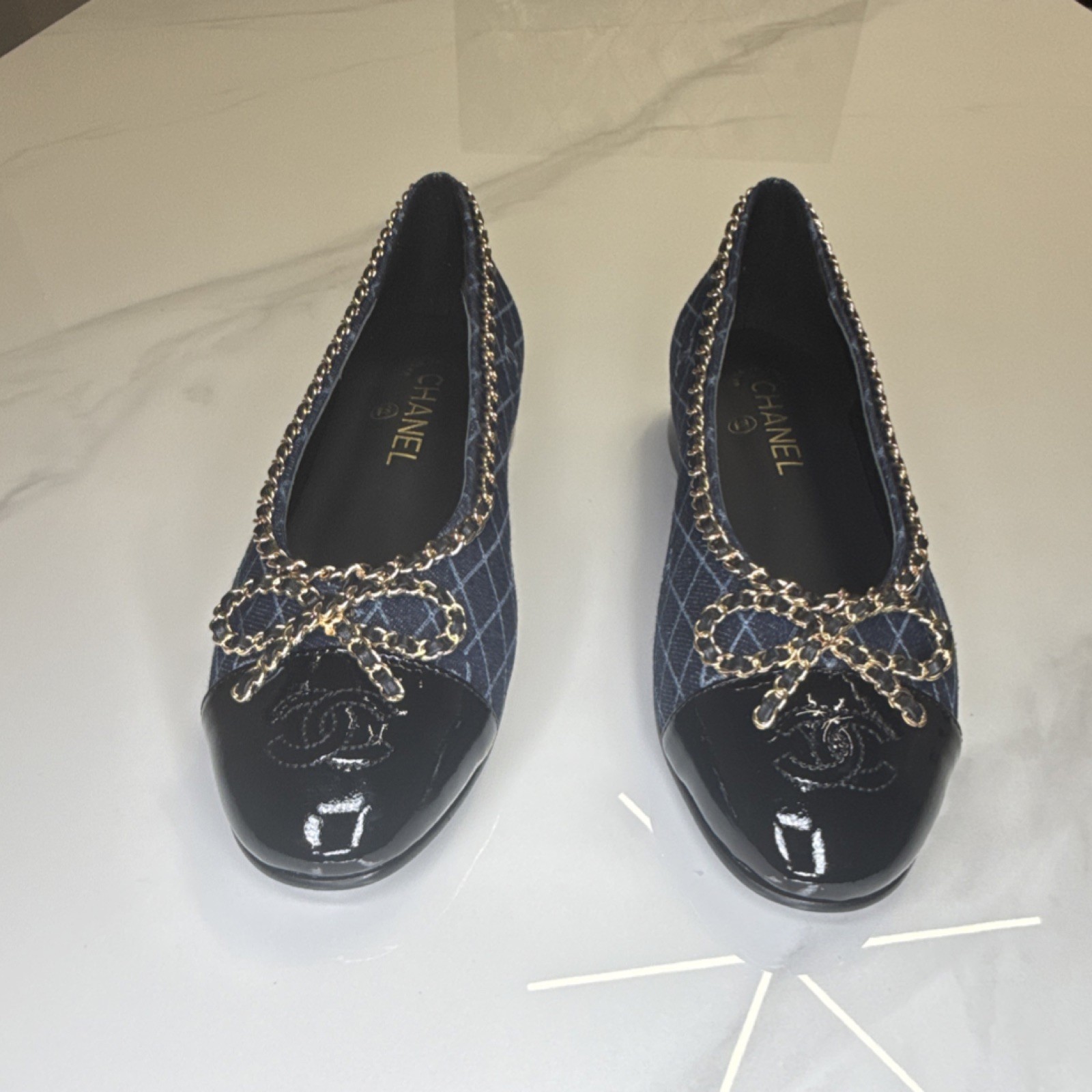 CHANEL Blue Denim Quilted Chain Bow Accent Ballet Flats for Women