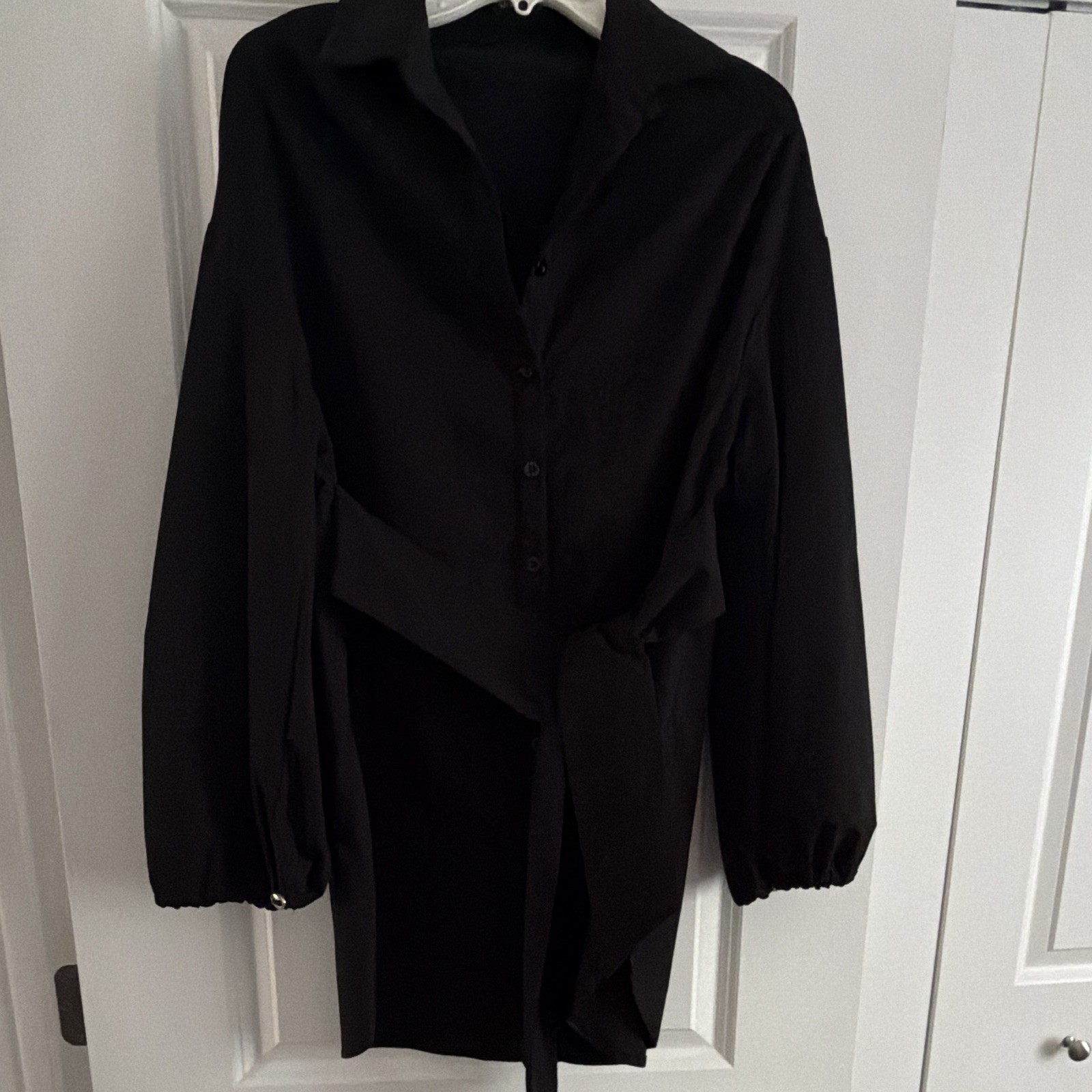 PrettyLittleThing Black Belted Shirt Dress Long Sleeve US 6