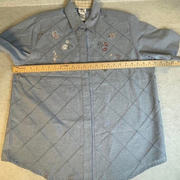 Stephanie K blue diamond pattern button-up embroidered flowers, butterflies XL