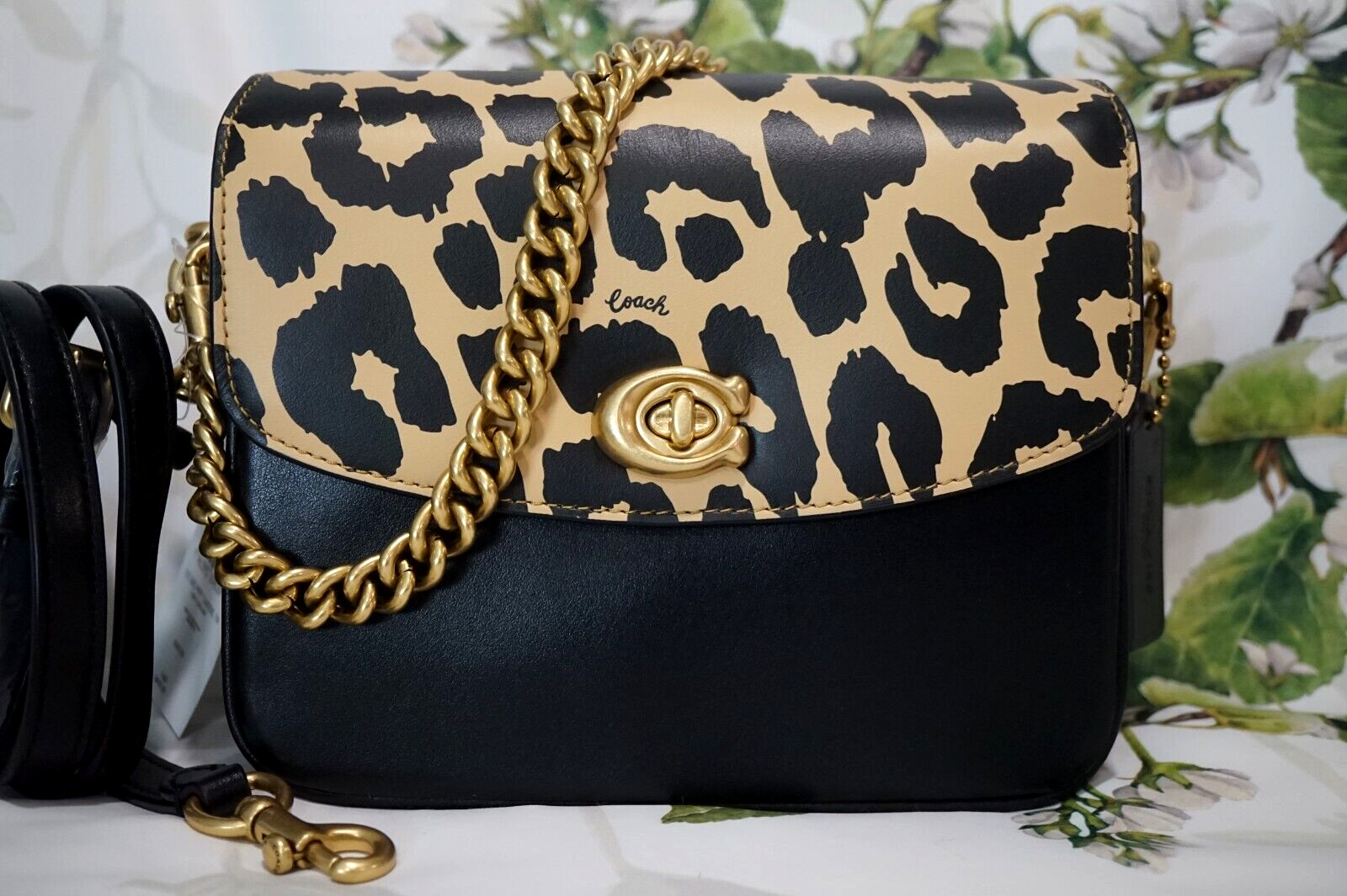 NWT COACH Cassie 19 CM571 Chain Satchel Crossbody Handbag In LEOPARD MULTI Brass