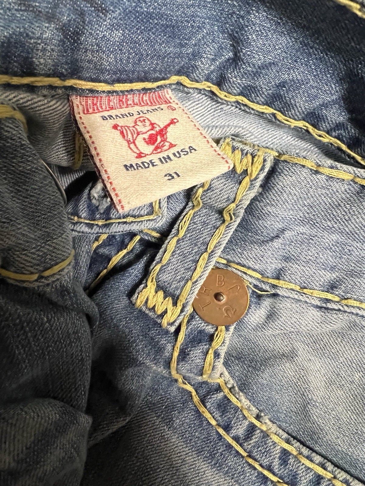 True Religion Ricky Super T Straight Leg Jeans Big Stitch Flap Pockets Size 32