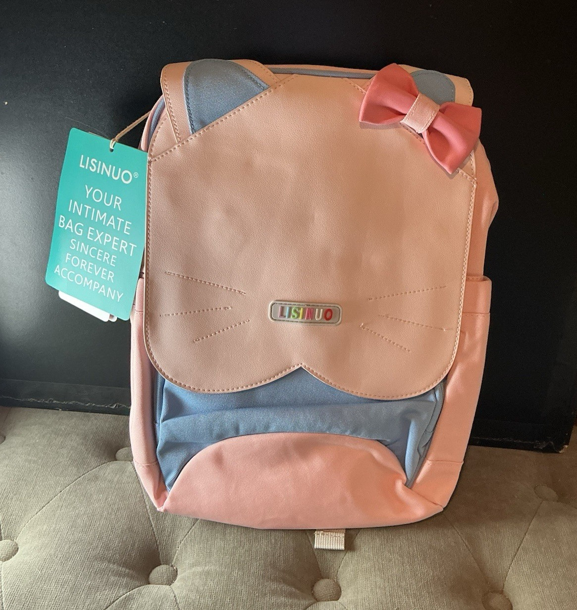 LISINUO Girls Pink/Blue Colorblock Cat Backpack w/ Bow Accent, Zip Closure