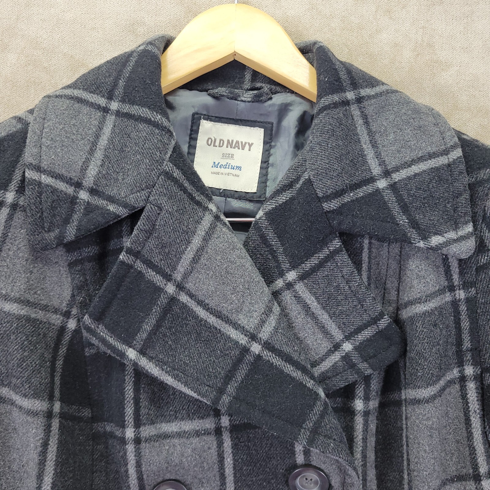 Old Navy Gray & Black Plaid Wool Blend Womens Double Breast Pea Coat Size Medium