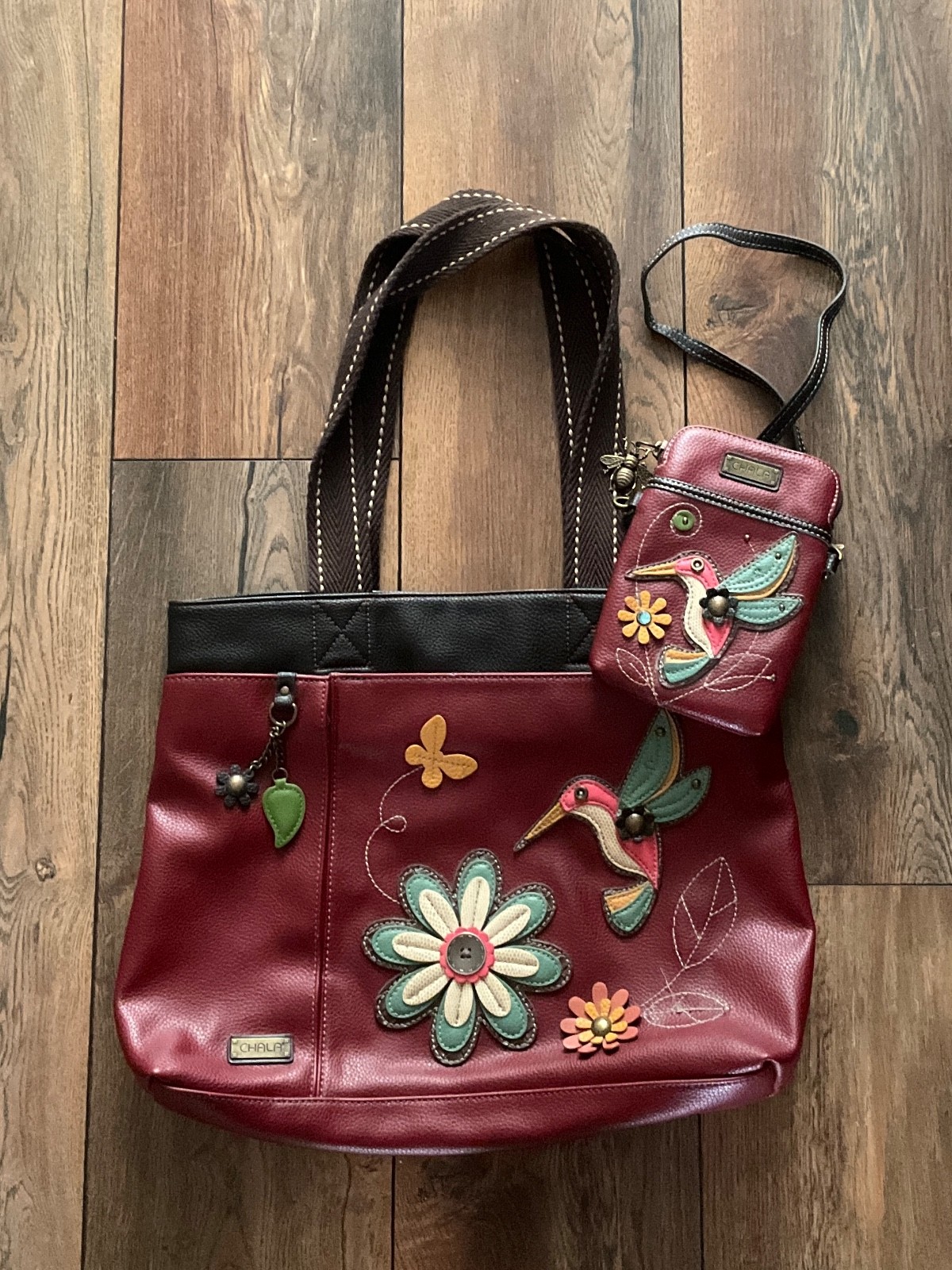Chala double set Large garnet red Hummingbird Tote Purse/bag / Mini Phone purse