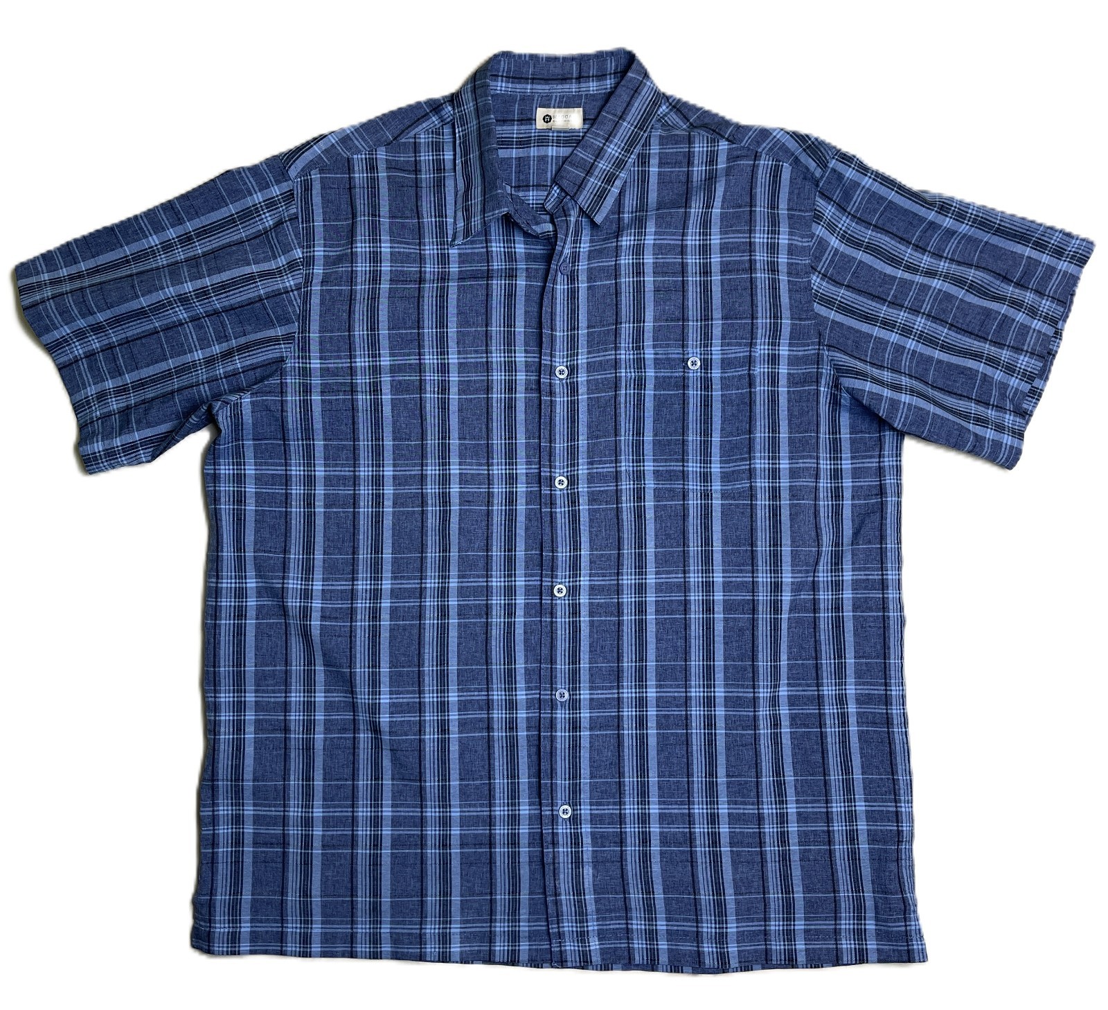 Haggar Mens XL Shirt blue plaid, short sleeve, button down lightweight polyester