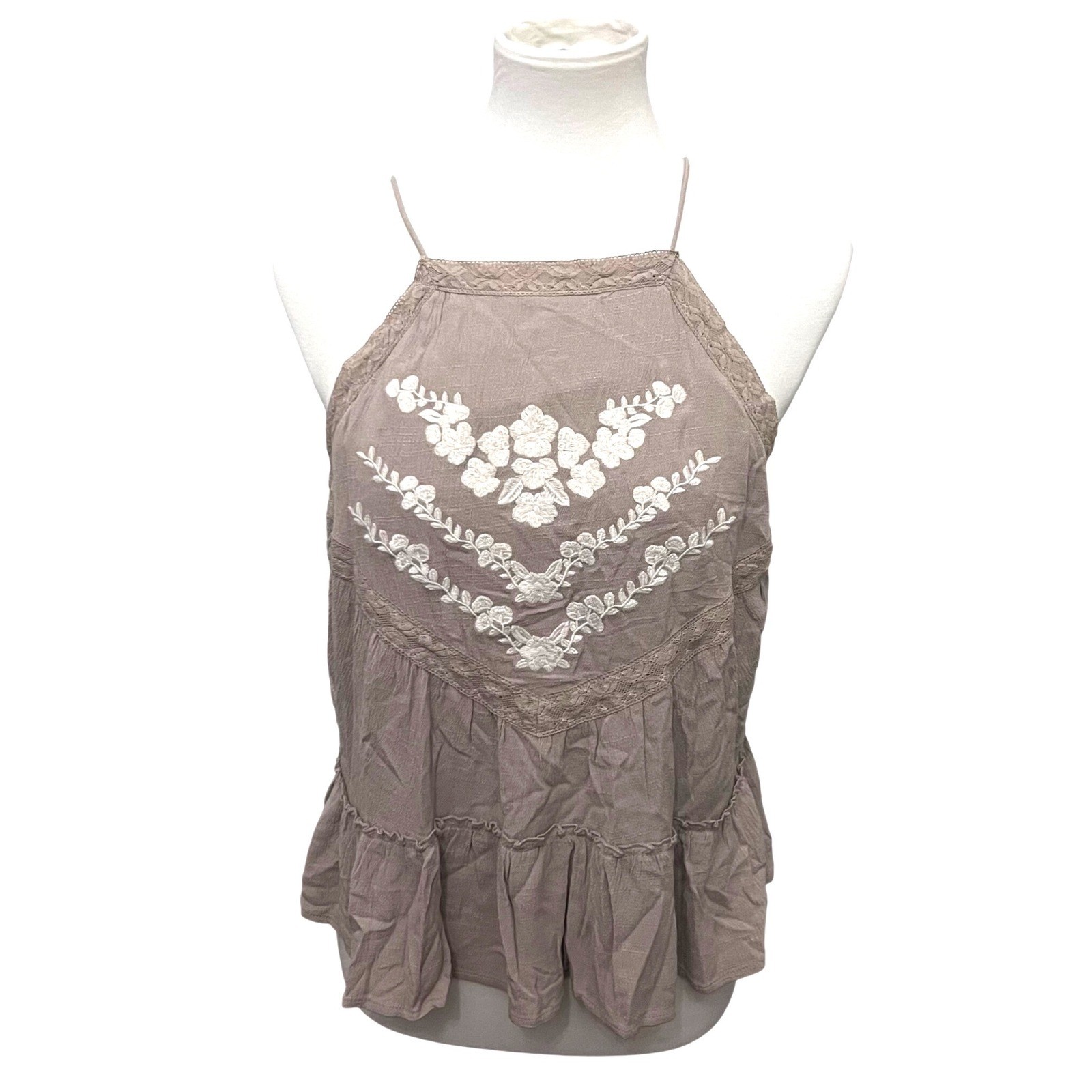 Ivy May Boho Beach Flowy Beige Floral Embroidered Lace Trim Halter Peplum NWT M