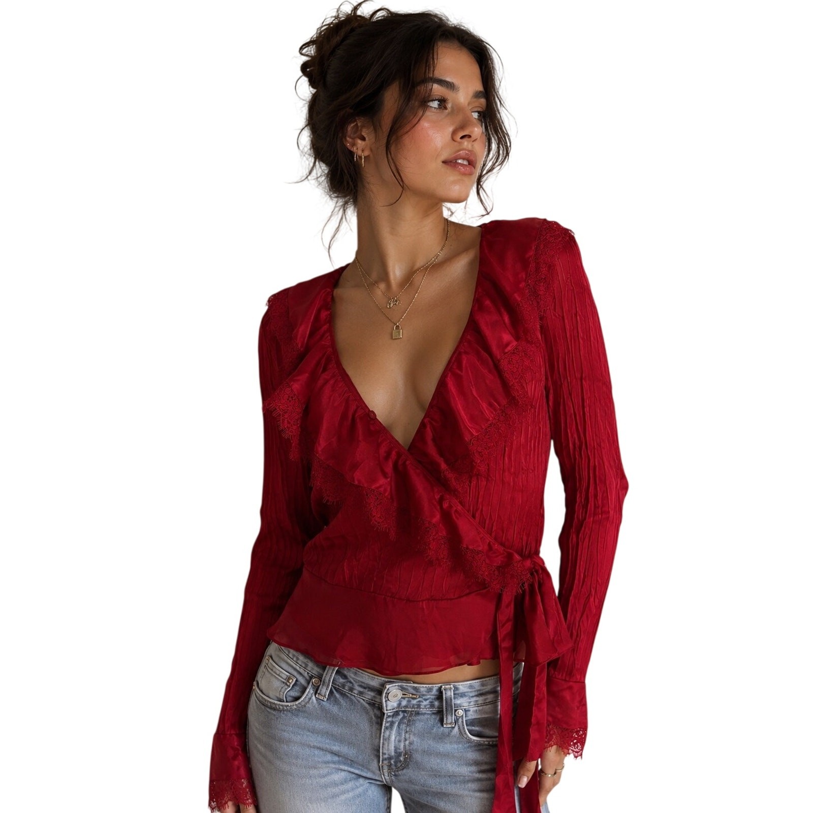 Y2K Lace Ruffle Wrap Blouse Sz M Cherry Red Crinkle Romantic Feminine Vamp