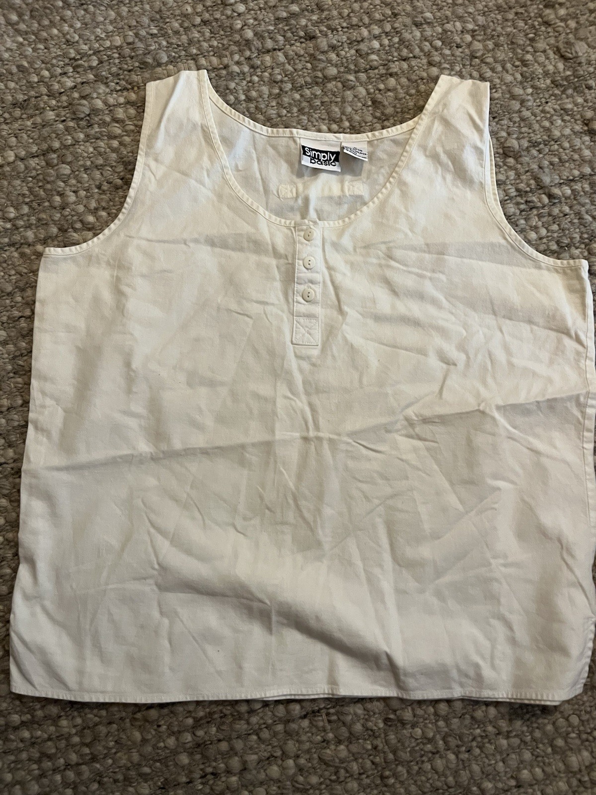 Simply Basic Women’s L White Cotton Sleeveless Button Neck Wide Strap Tank Top