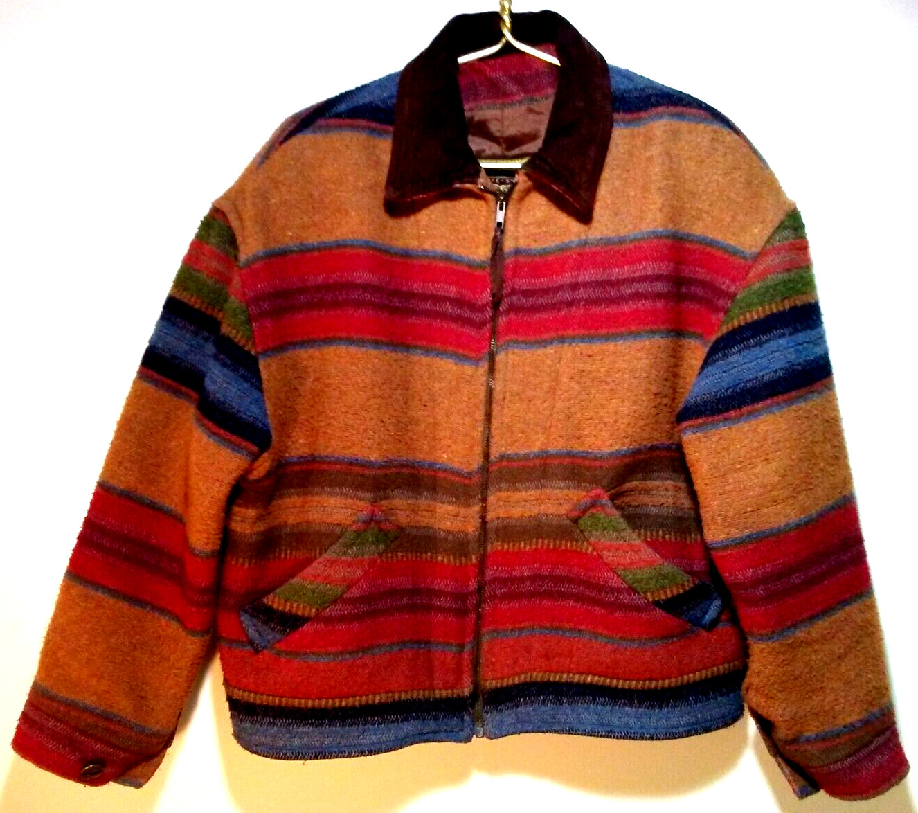 BEST Southwestern Blanket Stripe Coat sz M VTG Contrast Suede Collar Wool Bl USA