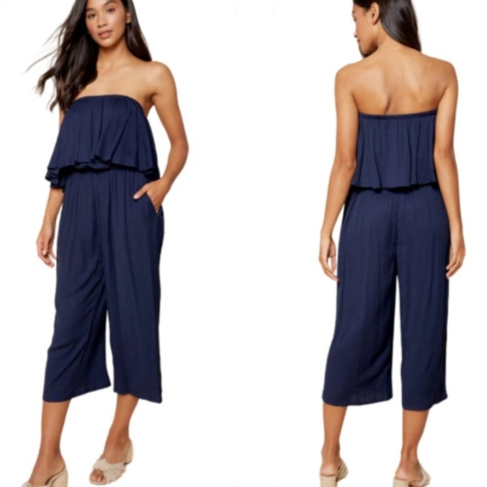 SUGARLIPS LANAH STRAPLESS WIDE LEG JUMPSUIT NAVY BLUE MEDIUM NWT
