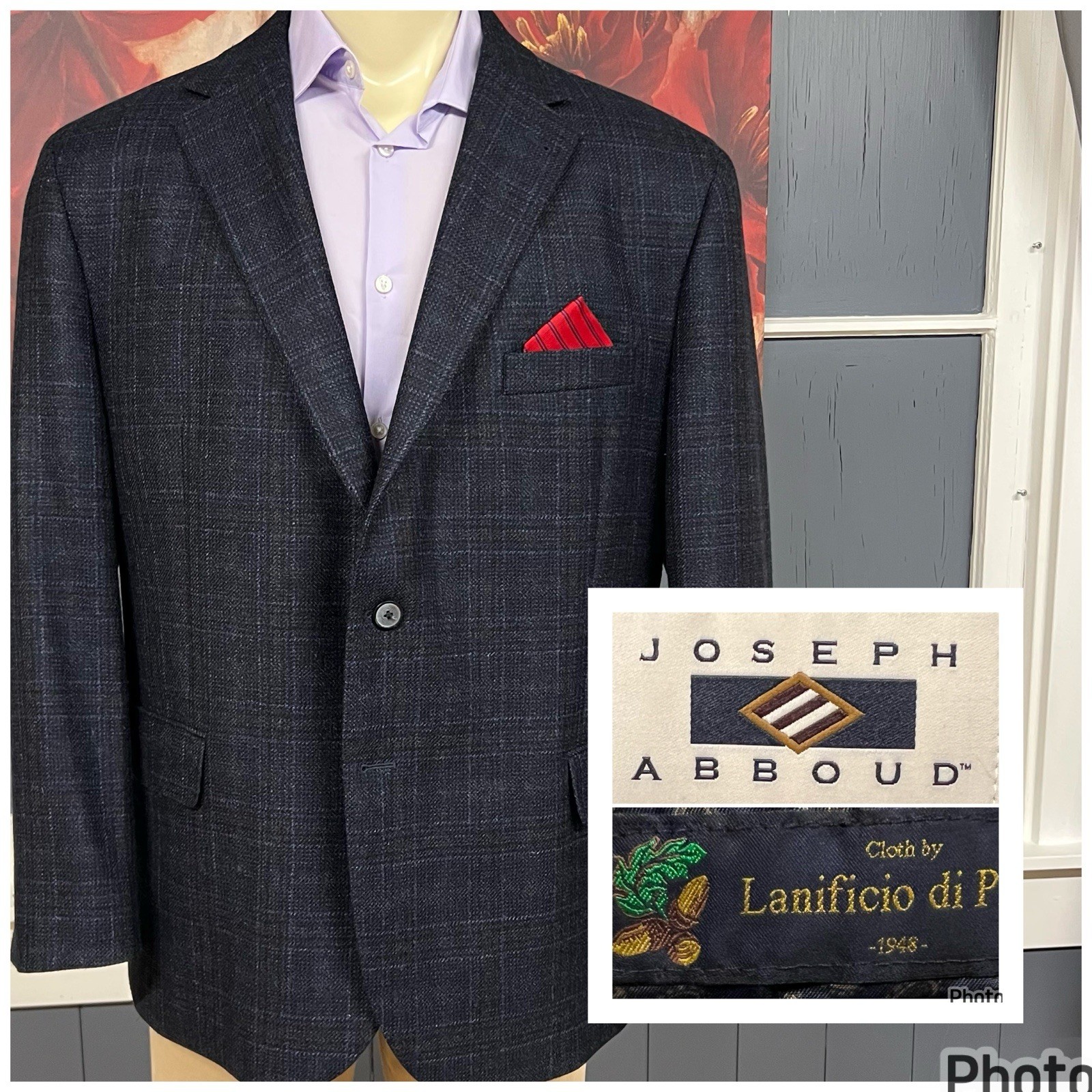 Joseph Abboud Blazer Sport Coat Mens 50S Short Wool Navy/Black/Brown Flannel