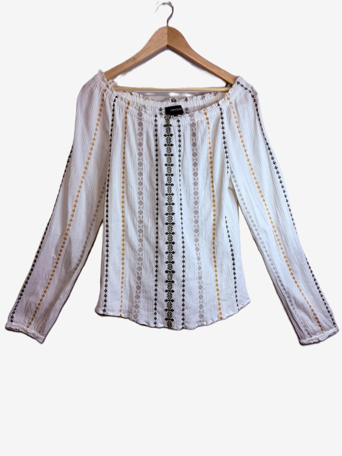Karen Kane XL White Embroidered Boho Top 100% Cotton Long Sleeve Cottagecore EUC
