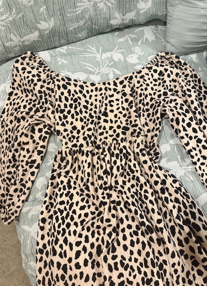 Womens S Beige Black Leopard Midi Dress Off Shoulder Smocked Long Puff Sleeve