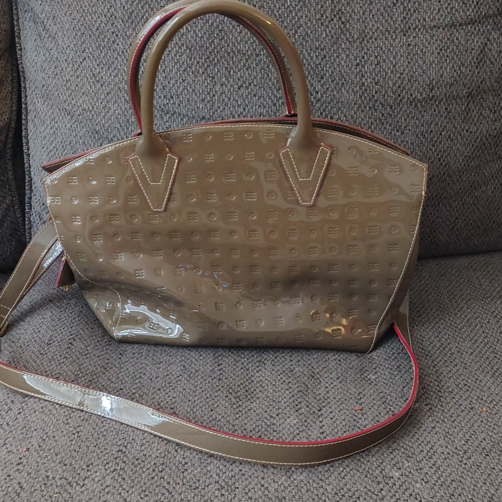 Arcadia Taupe Logo Satchel Top Handle Bag w/ Detachable Strap, Gold Hardware