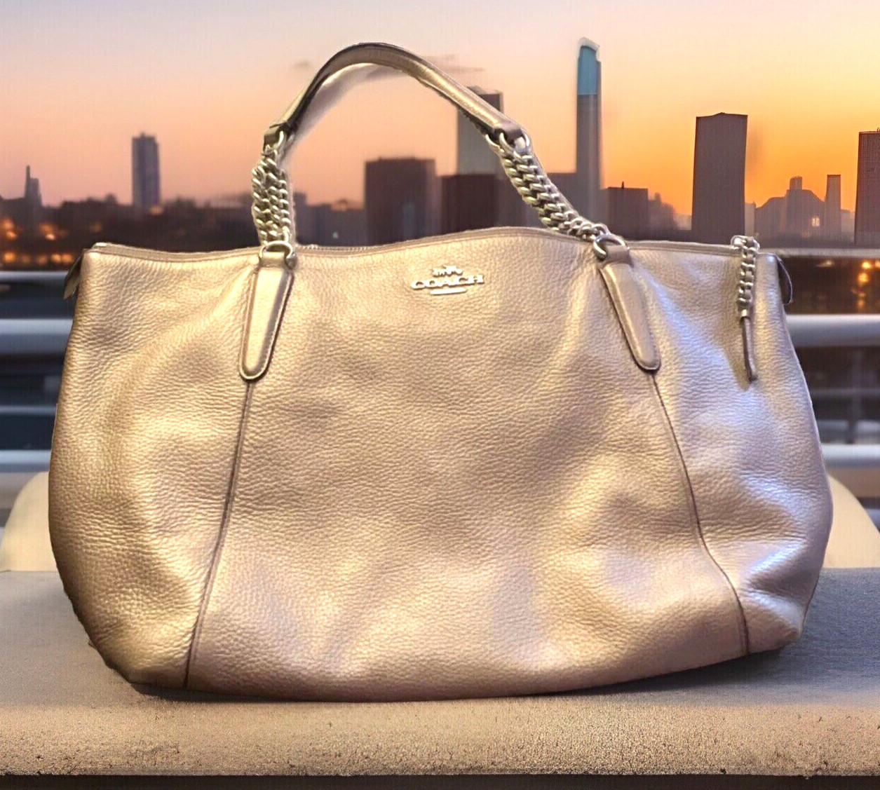 Coach Ava Chain Tote Champagne Gold Pebble Leather Chain Handbag F35868