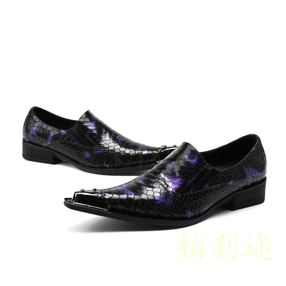 Men’s Steel Pointed Toe Shoes Loafers Snakeskin Pattern Performance Stage Show