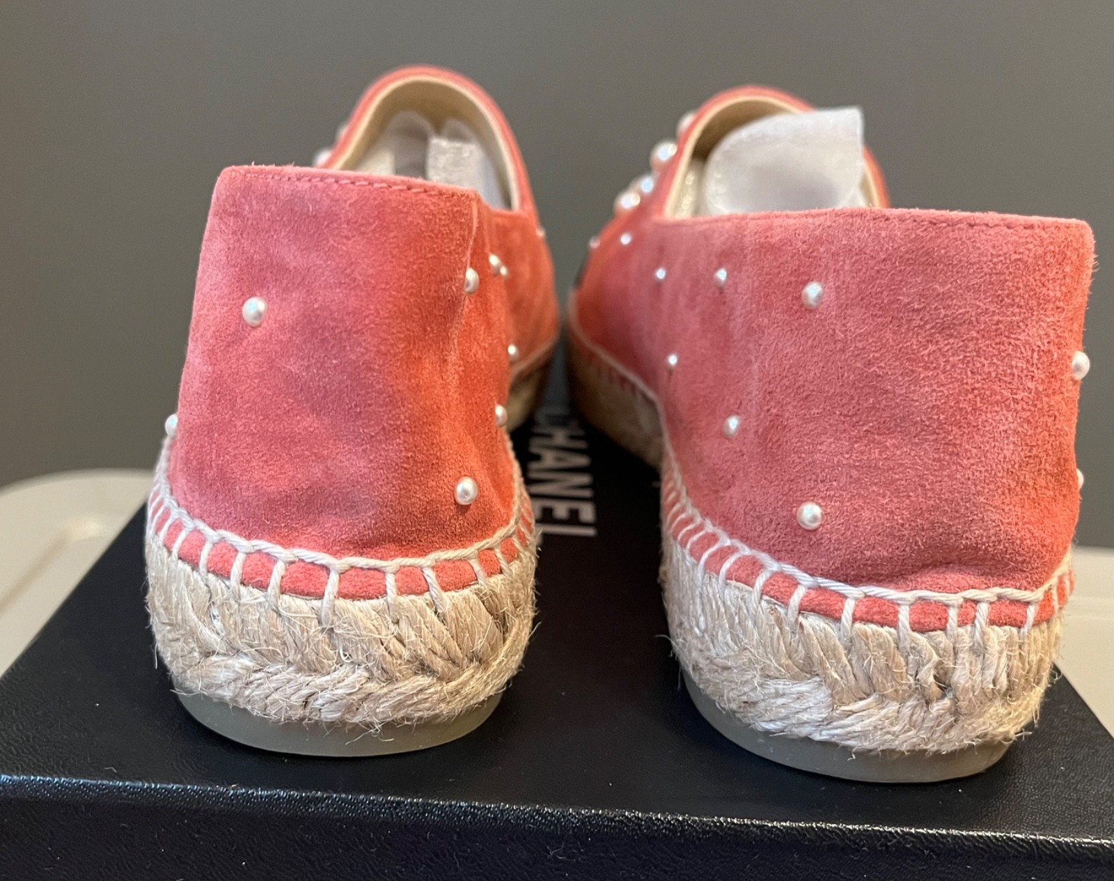 Chanel Espadrilles Pink and Black Suede with Pearl CC- Authentic New in Box