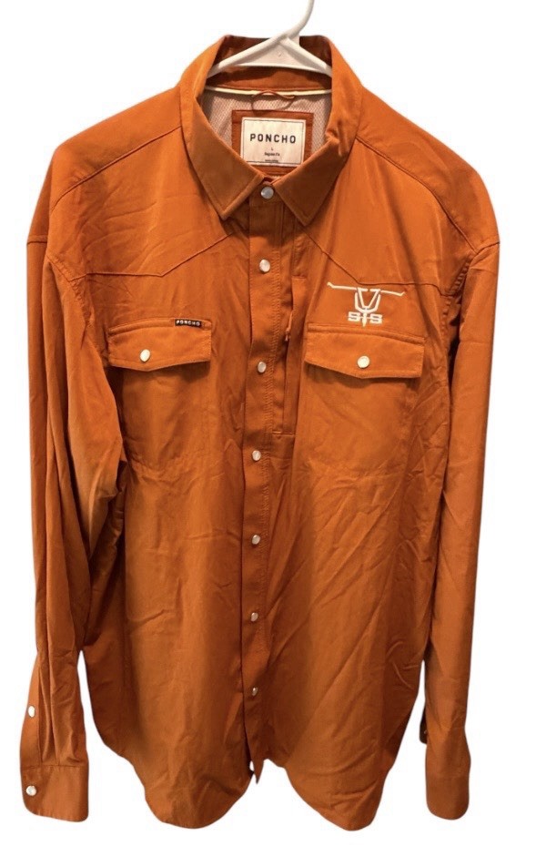 Poncho Burnt Orange UT Silver Spurs Logo Men’s Shirt Pearl Snap Sz L Back Vented