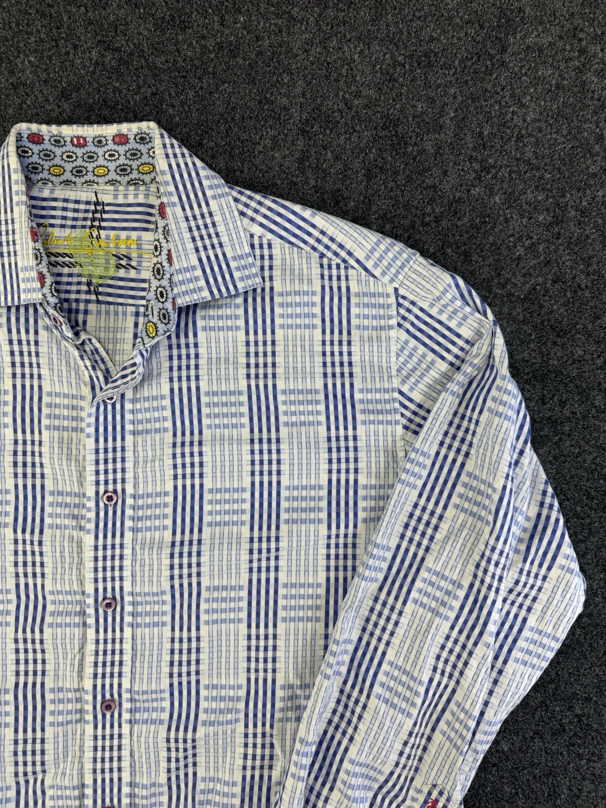 Robert Graham Geo Check Long Sleeve Shirt Blue White Pattern Size Large