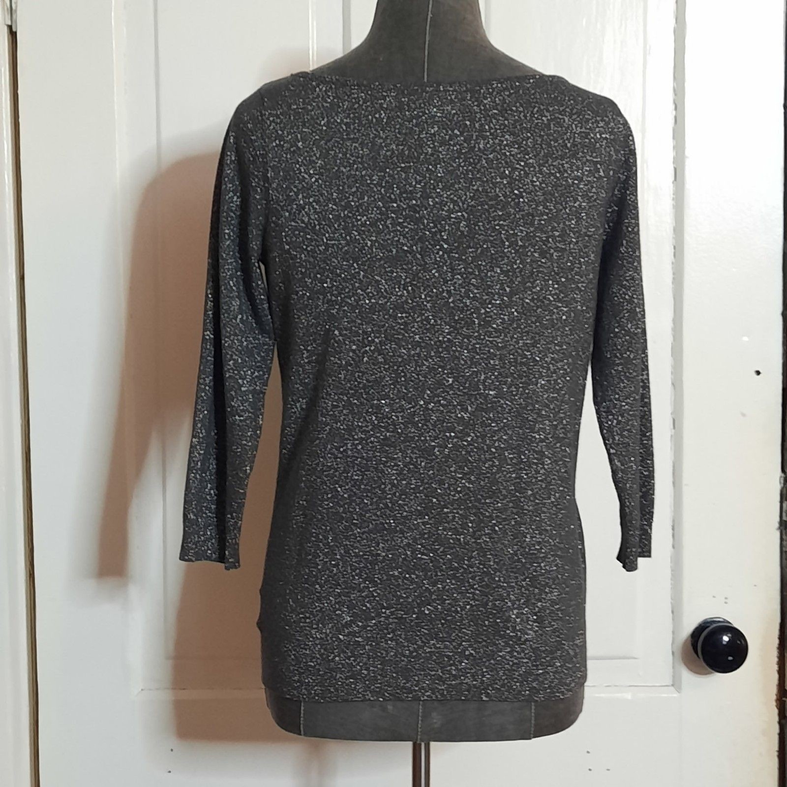 Worthington Metallic Lurex Black Silver Sparkle Knit Top Cable Yoke Detail, MED