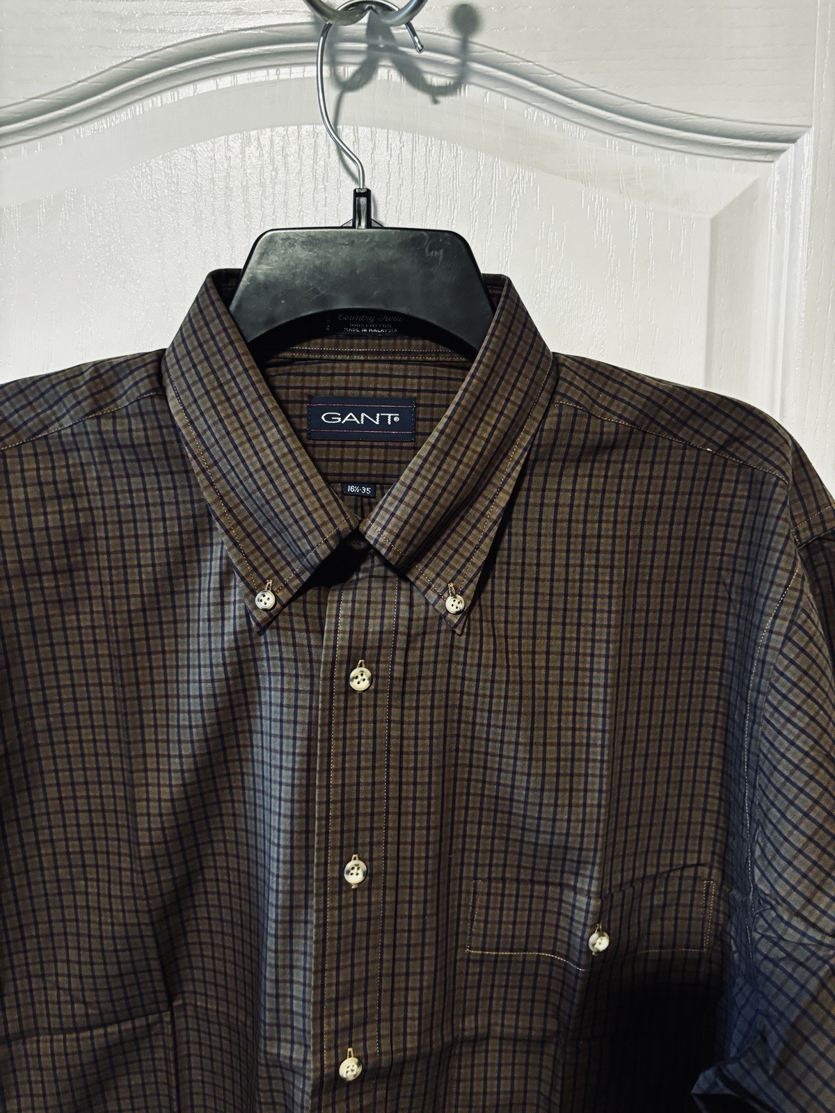 Mens Gant Button Down Dress Shirt Dark Brown Blue Vertical Lines 16 1/2 -35