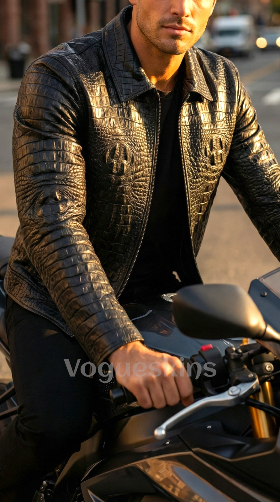 Men’s Black Crocodile Embossed Leather Jacket Real Cowhide Biker Slim Fit
