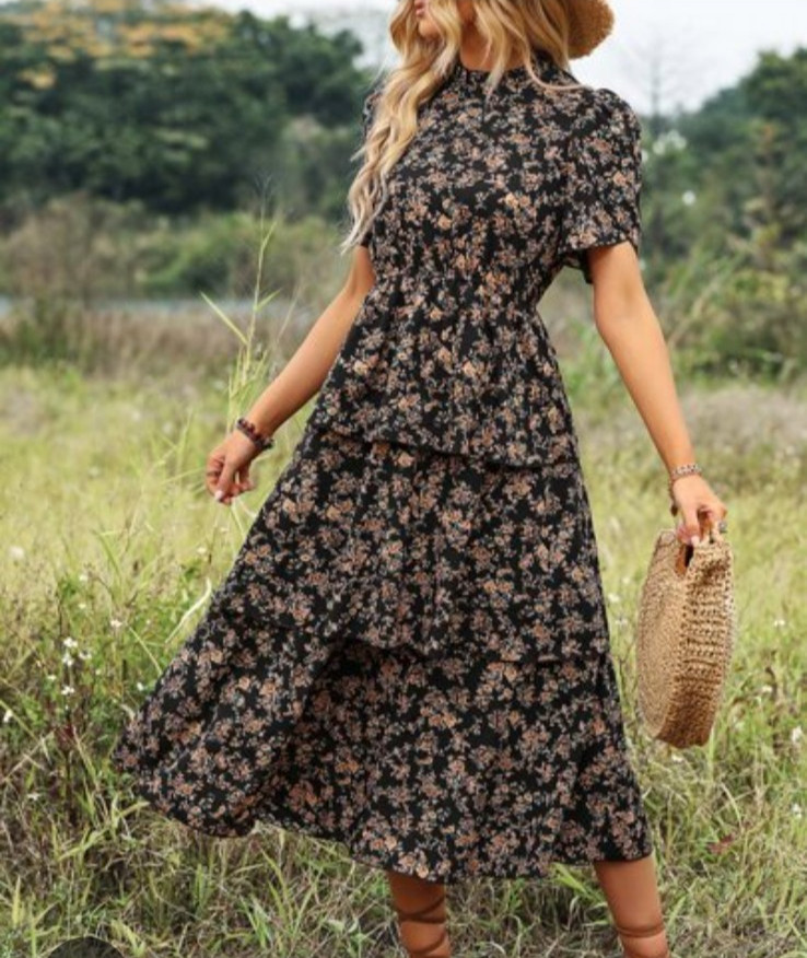 Ditsy black floral Petal Sleeve Layered Midi Dress small Prairie Forest Fairy