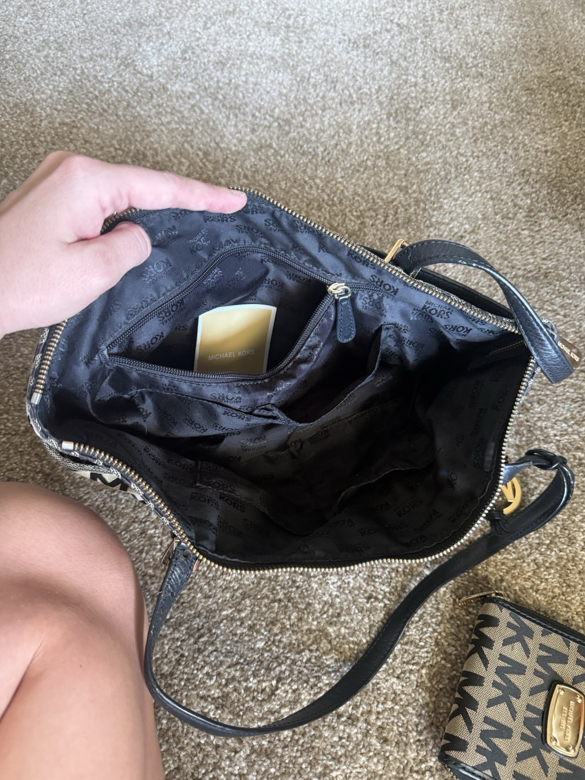 Michael Kors Monogram Shoulder Bag Black/Beige Zip Gold Hardware w/ Coin Purse