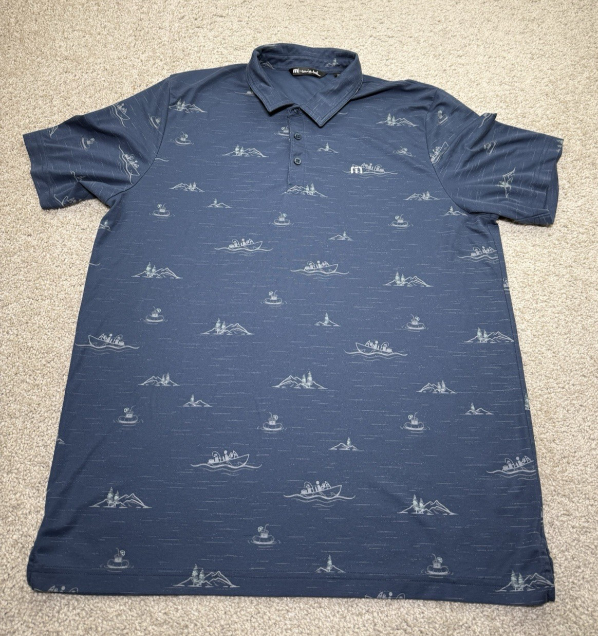Travis Mathew Polo Shirt Mens 2XL Blue Fishing Boat Print Greystone Golf Peru