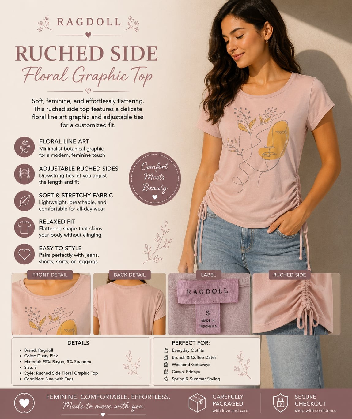 Ragdoll Ruched Side Floral Graphic Top in Dusty Pink