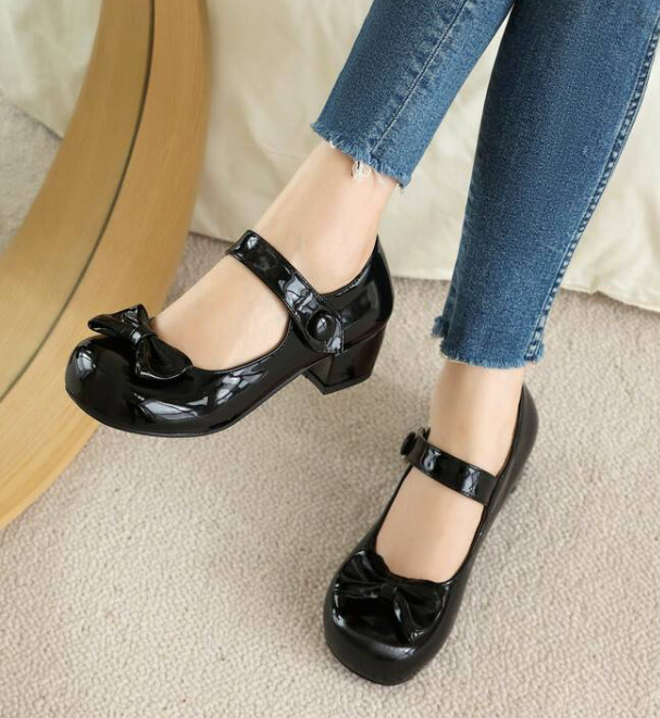 Womens Patent Leather Round Toe Bownot Mary Janes Shoes Ankle Strap Pumps Sweet
