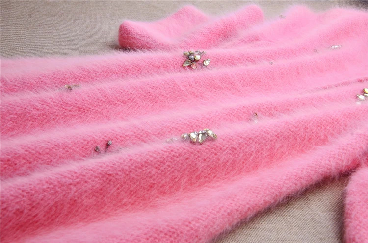 Women Thick Beading Angora Rabbit Fur Half Sleeves Slim Cardigans Sweater Coat
