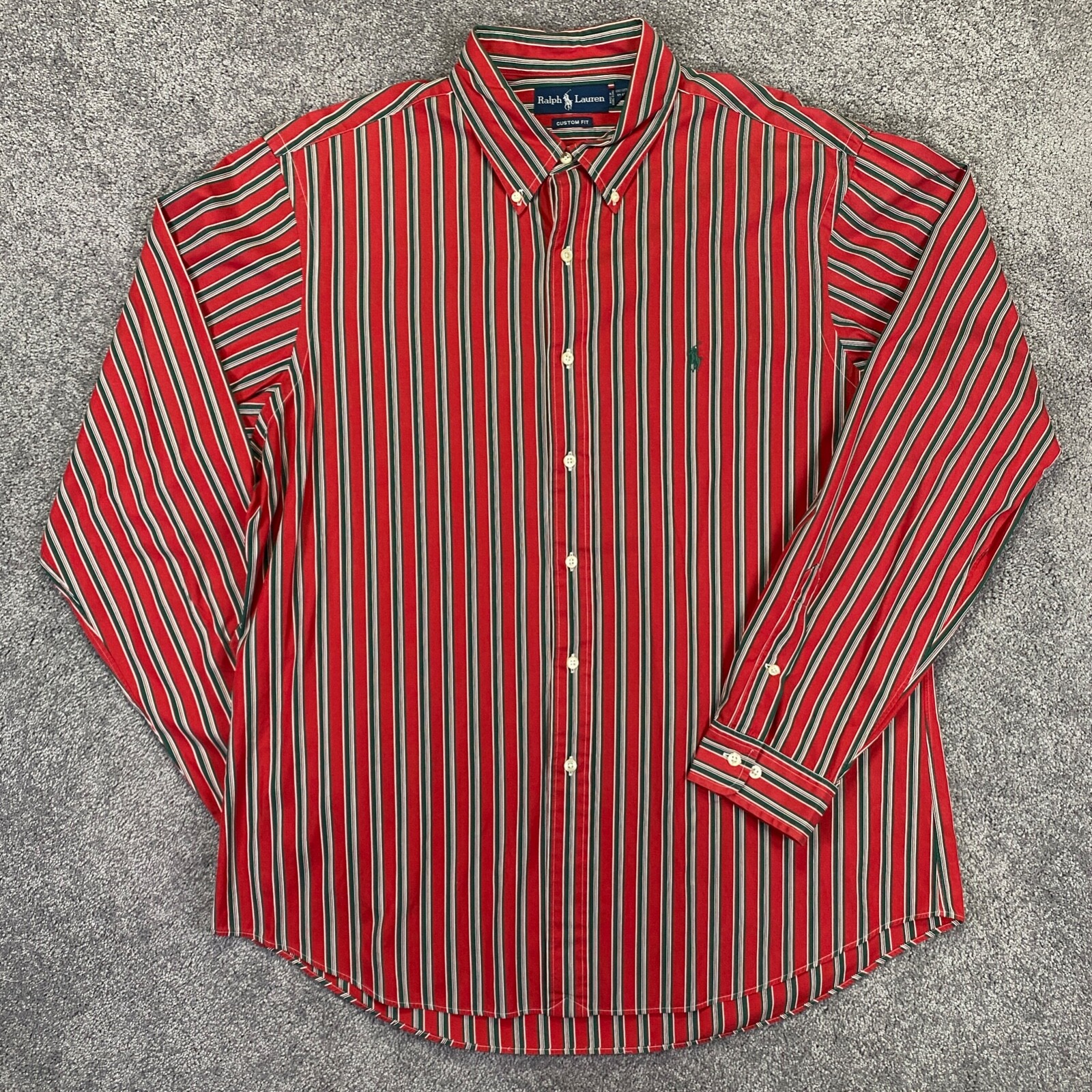 Ralph Lauren Shirt Mens XL 17 1/2 Custom Fit Red Green Striped Casual Christmas